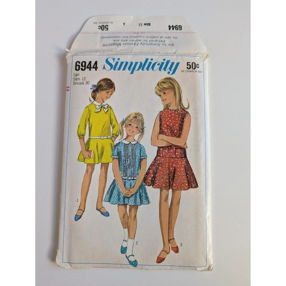 UC/FF Simplicity 6944 Girls Sewing Pattern Size 12 Bust 30 VTG Drop Waist Dress